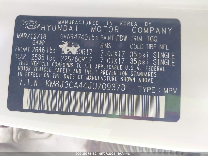 VIN KM8J3CA44JU709373 2018 HYUNDAI TUCSON SEL