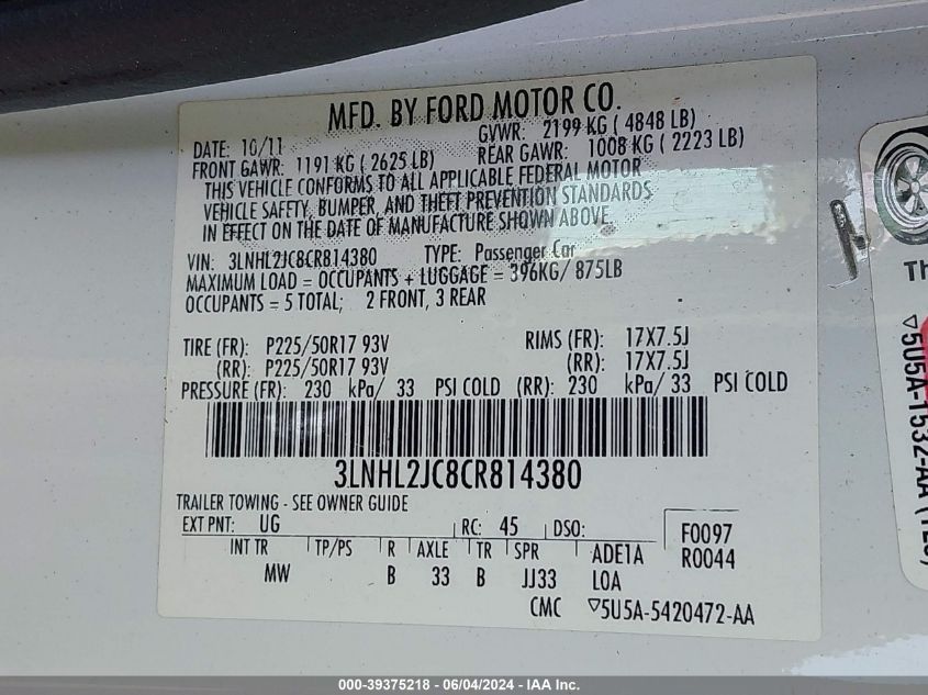 2012 Lincoln Mkz VIN: 3LNHL2JC8CR814380 Lot: 39375218