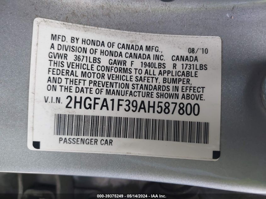 2010 Honda Civic Vp VIN: 2HGFA1F39AH587800 Lot: 39375249