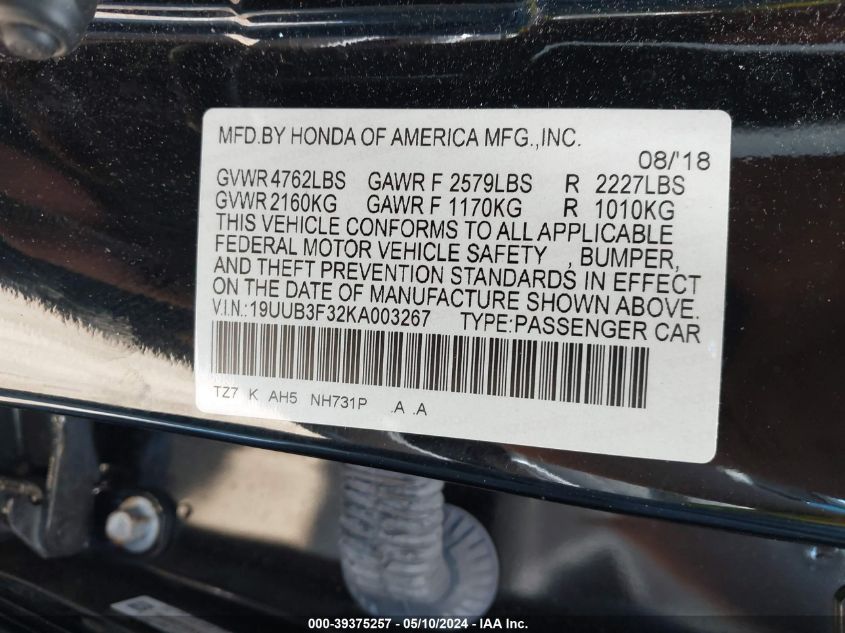 2019 Acura Tlx Standard VIN: 19UUB3F32KA003267 Lot: 39375257