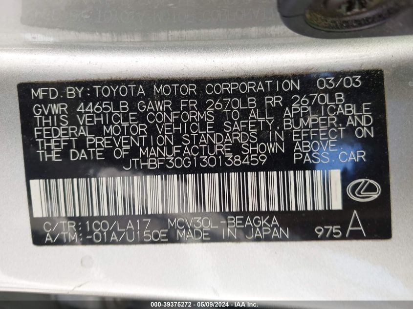 2003 Lexus Es 300 VIN: JTHBF30G130138459 Lot: 39375272