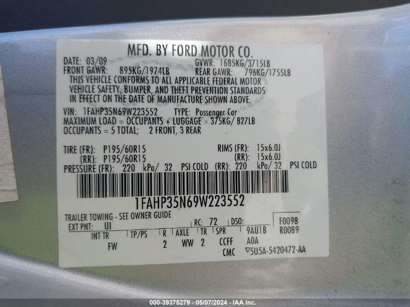 1FAHP35N69W223552 | 2009 FORD FOCUS