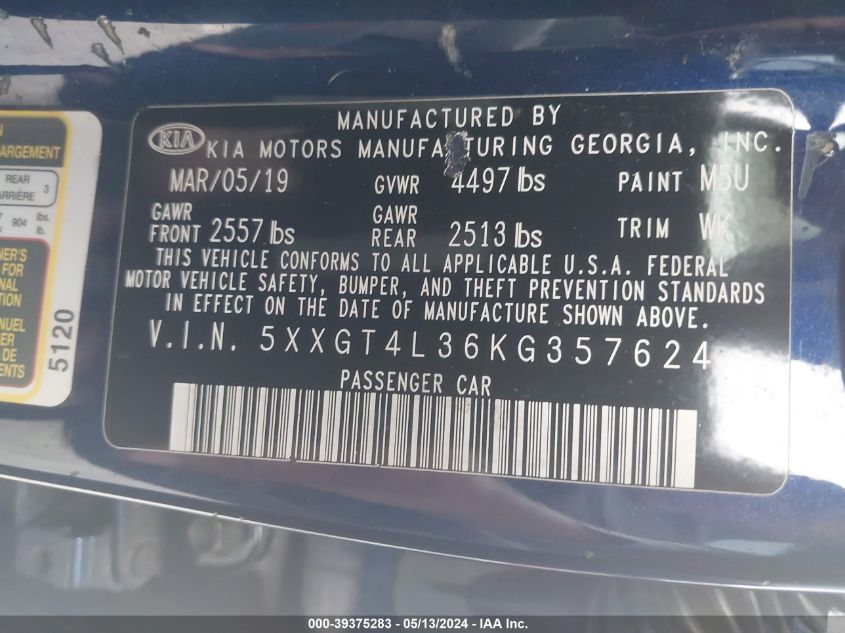 2019 Kia Optima Lx VIN: 5XXGT4L36KG357624 Lot: 39375283