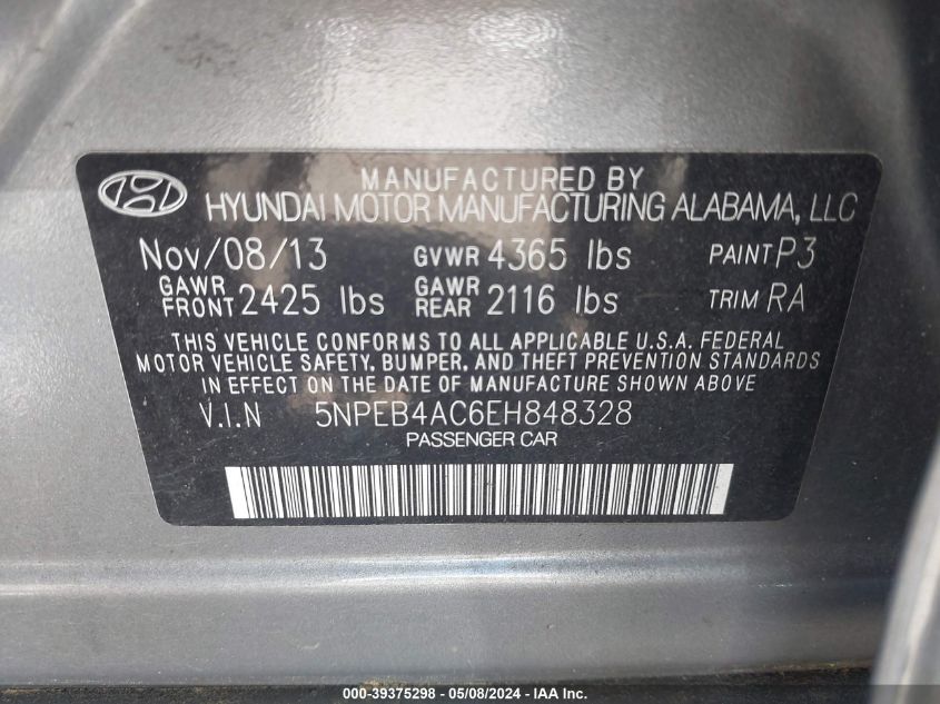 2014 HYUNDAI SONATA GLS - 5NPEB4AC6EH848328