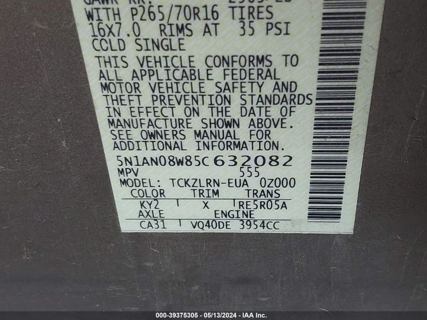 2005 Nissan Xterra S VIN: 5N1AN08W85C632082 Lot: 39375305
