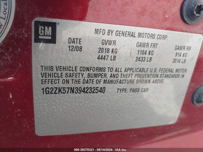 2009 Pontiac G6 New Gt VIN: 1G2ZK57N394232540 Lot: 39375321