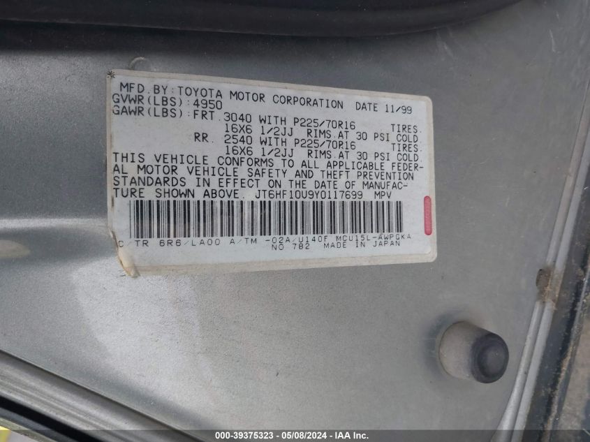 2000 Lexus Rx 300 VIN: JT6HF10U9Y0117699 Lot: 39375323