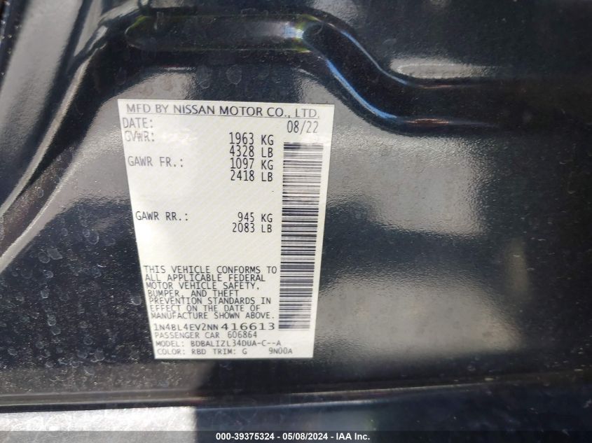 2022 Nissan Altima Sl Fwd VIN: 1N4BL4EV2NN416613 Lot: 39375324