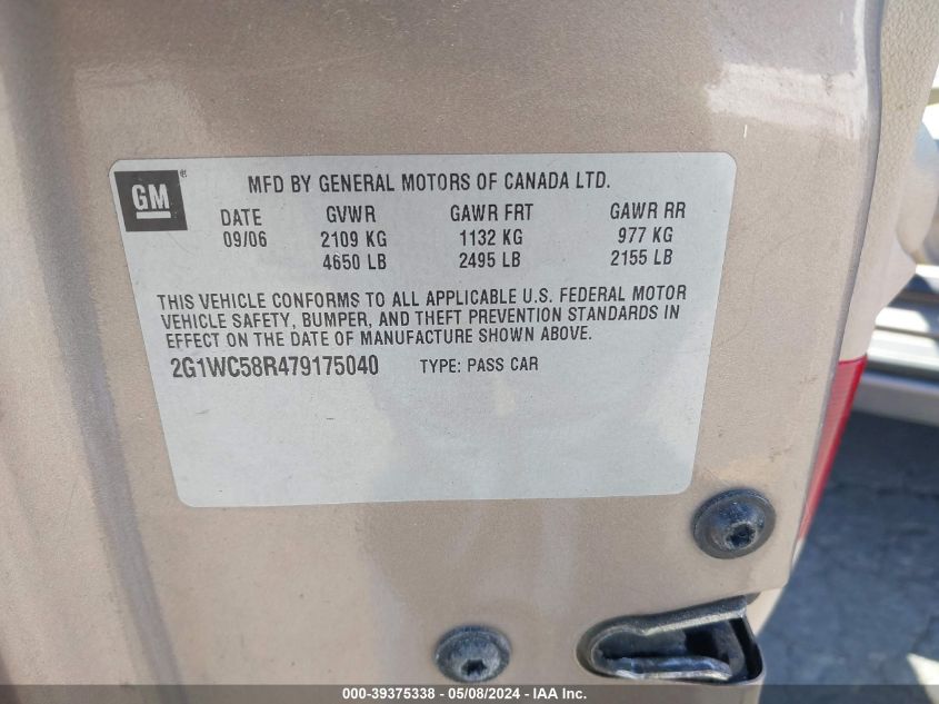 2007 Chevrolet Impala Lt VIN: 2G1WC58R479175040 Lot: 39375338