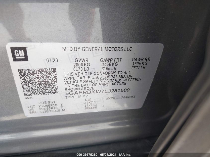 2020 Buick Enclave Fwd Essence VIN: 5GAERBKW7LJ281500 Lot: 39375360
