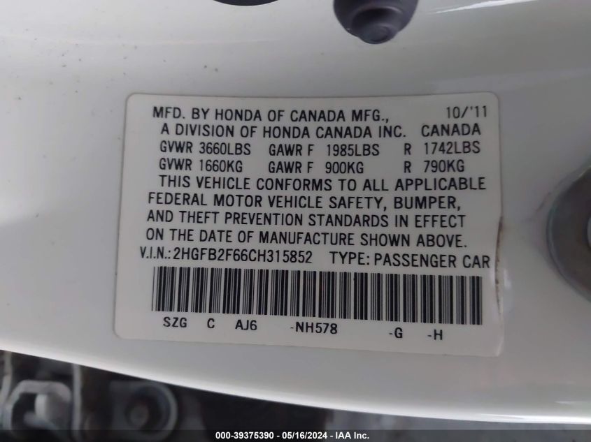 2012 Honda Civic Hf VIN: 2HGFB2F66CH315852 Lot: 39375390