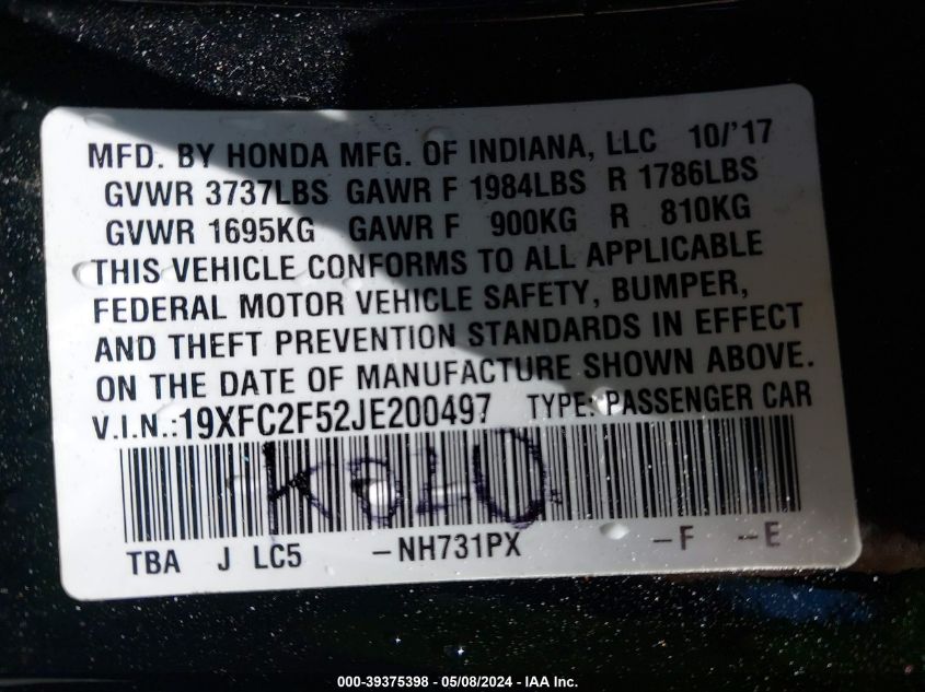 2018 Honda Civic Lx VIN: 19XFC2F52JE200497 Lot: 39375398