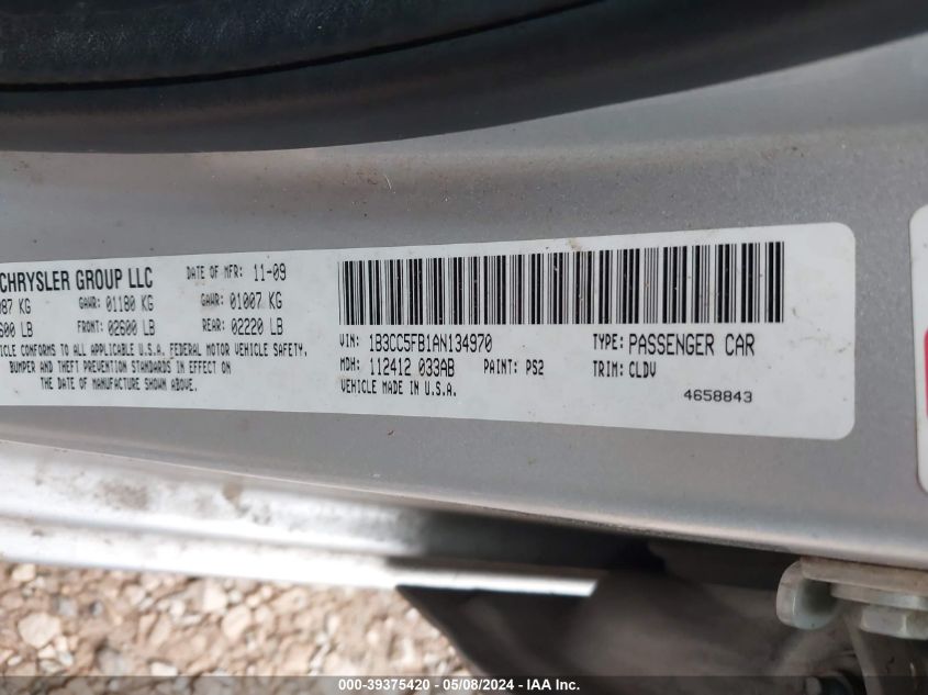 2010 Dodge Avenger R/T VIN: 1B3CC5FB1AN134970 Lot: 39375420