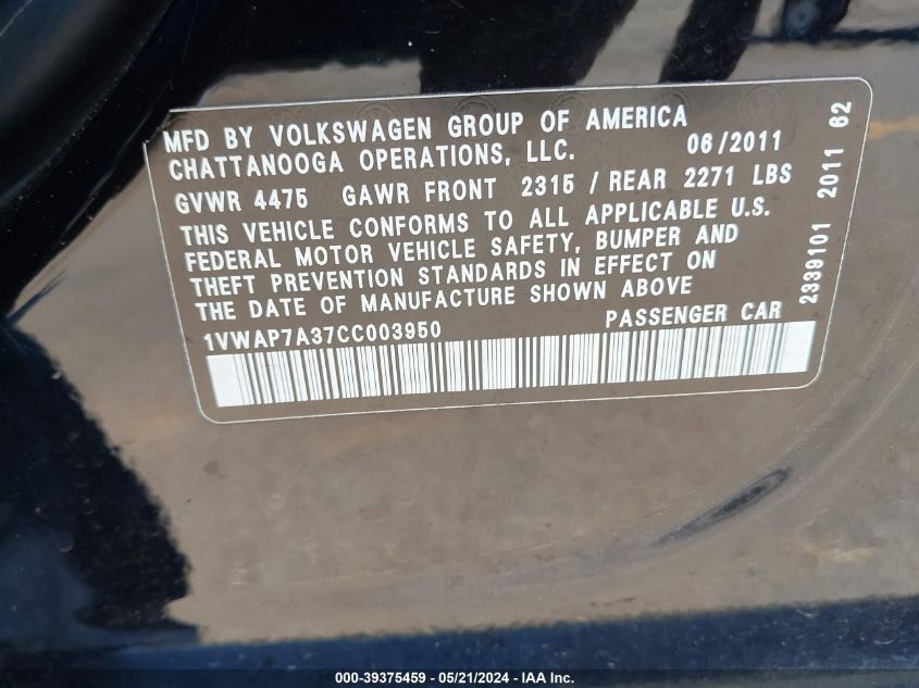 2012 Volkswagen Passat 2.5L S VIN: 1VWAP7A37CC003950 Lot: 39375459