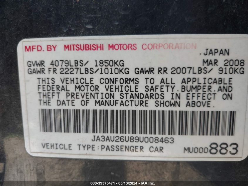 2009 Mitsubishi Lancer VIN: JA3AU26U89U008463 Lot: 39375471