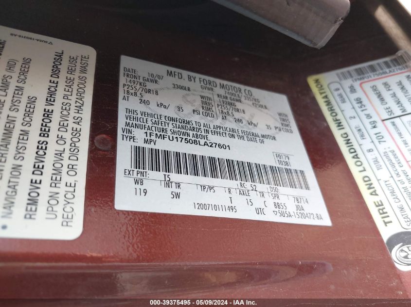 2008 Ford Expedition Eddie Bauer/King Ranch VIN: 1FMFU17508LA27601 Lot: 39375495