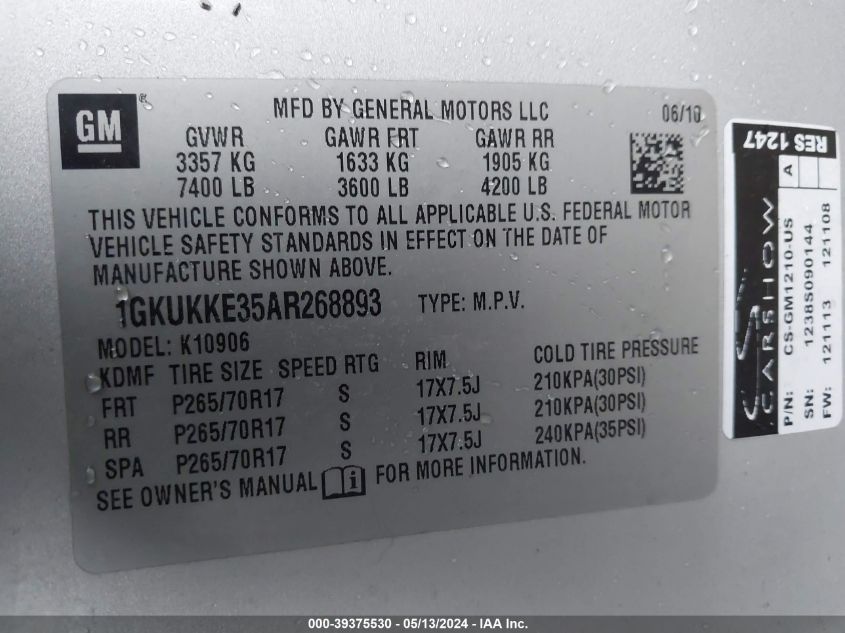 2010 GMC Yukon Xl 1500 Slt VIN: 1GKUKKE35AR268893 Lot: 39375530