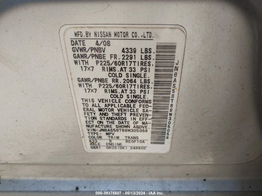2008 Nissan Rogue Sl VIN: JN8AS58T68W305056 Lot: 39375607