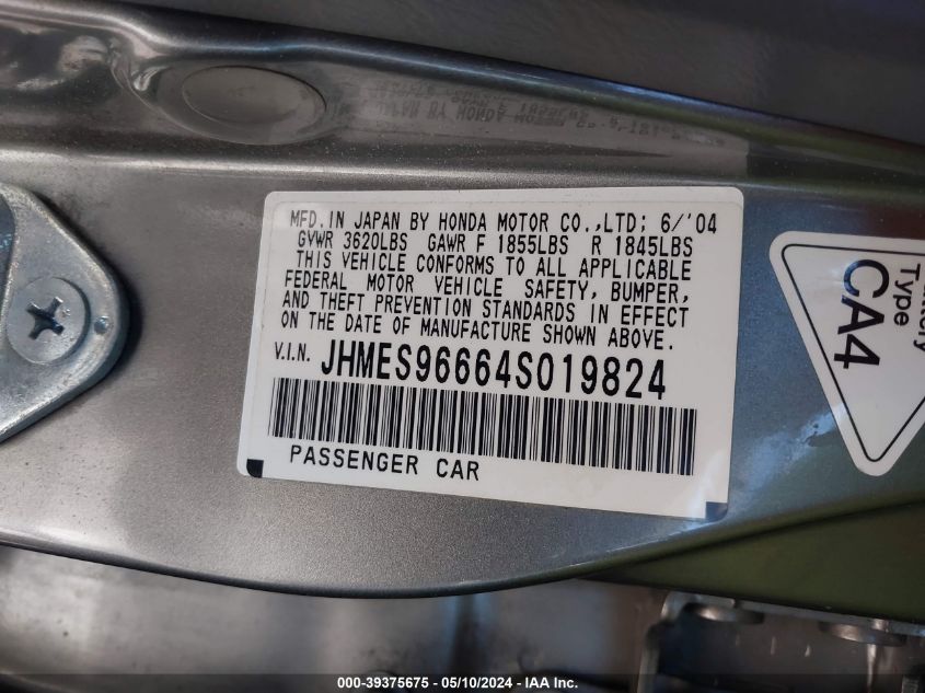 2004 Honda Civic Hybrid VIN: JHMES96664S019824 Lot: 39375675