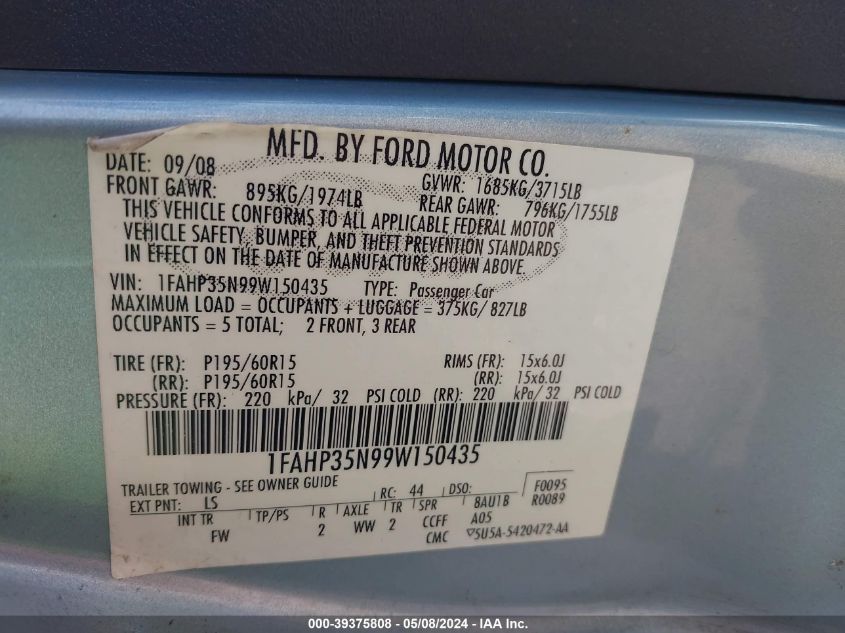 2009 Ford Focus Se VIN: 1FAHP35N99W150435 Lot: 39375808