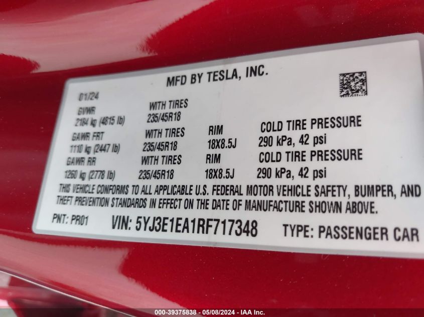 2024 Tesla Model 3 Rear-Wheel Drive VIN: 5YJ3E1EA1RF717348 Lot: 39375838