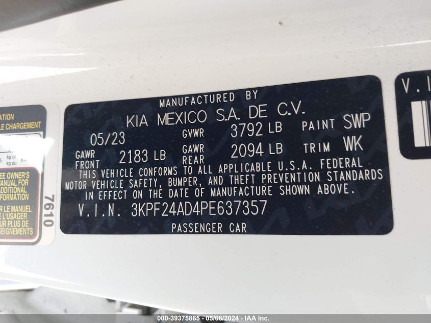 2023 Kia Forte Lxs VIN: 3KPF24AD4PE637357 Lot: 39375865