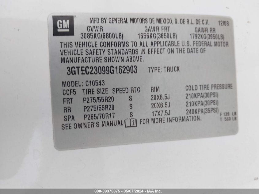 2009 GMC Sierra 1500 Sle VIN: 3GTEC23099G162903 Lot: 39375875