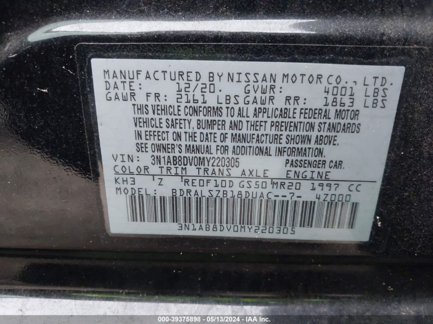 2021 Nissan Sentra Sr Xtronic Cvt VIN: 3N1AB8DV0MY220305 Lot: 39375898