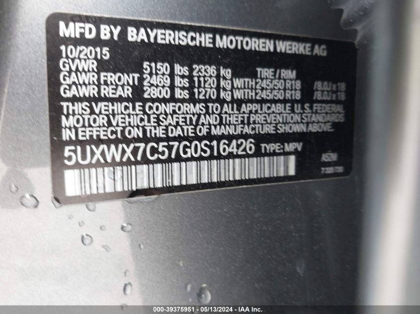 5UXWX7C57G0S16426 2016 BMW X3 xDrive35I