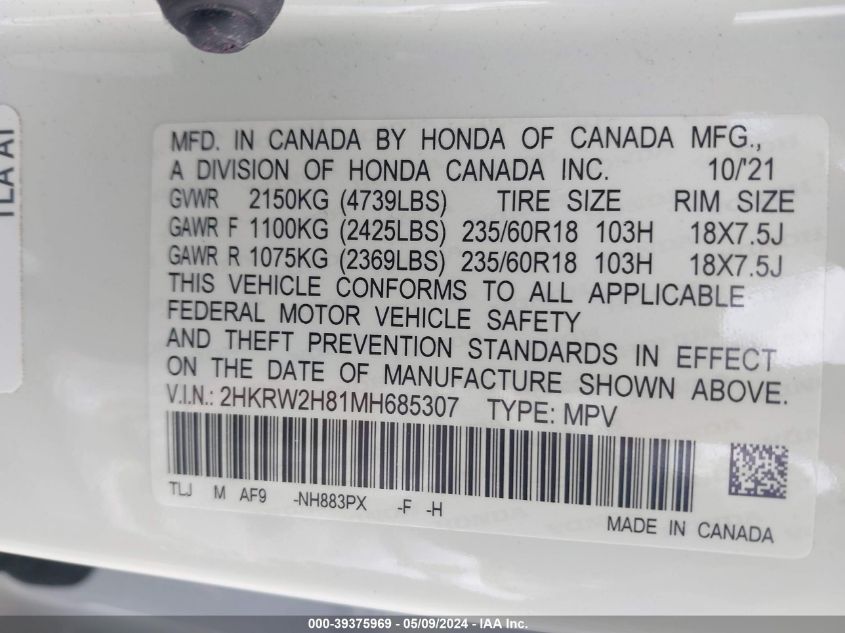 2021 Honda Cr-V Awd Ex-L VIN: 2HKRW2H81MH685307 Lot: 39375969