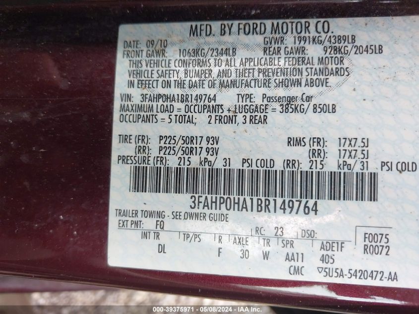 2011 Ford Fusion Se VIN: 3FAHP0HA1BR149764 Lot: 40301408