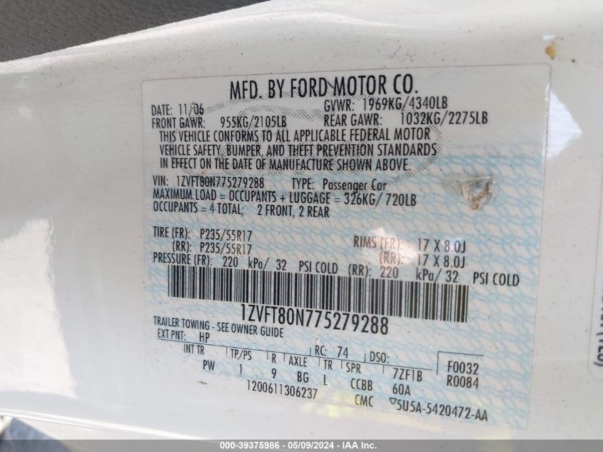 2007 Ford Mustang V6 Deluxe/V6 Premium VIN: 1ZVFT80N775279288 Lot: 39375986