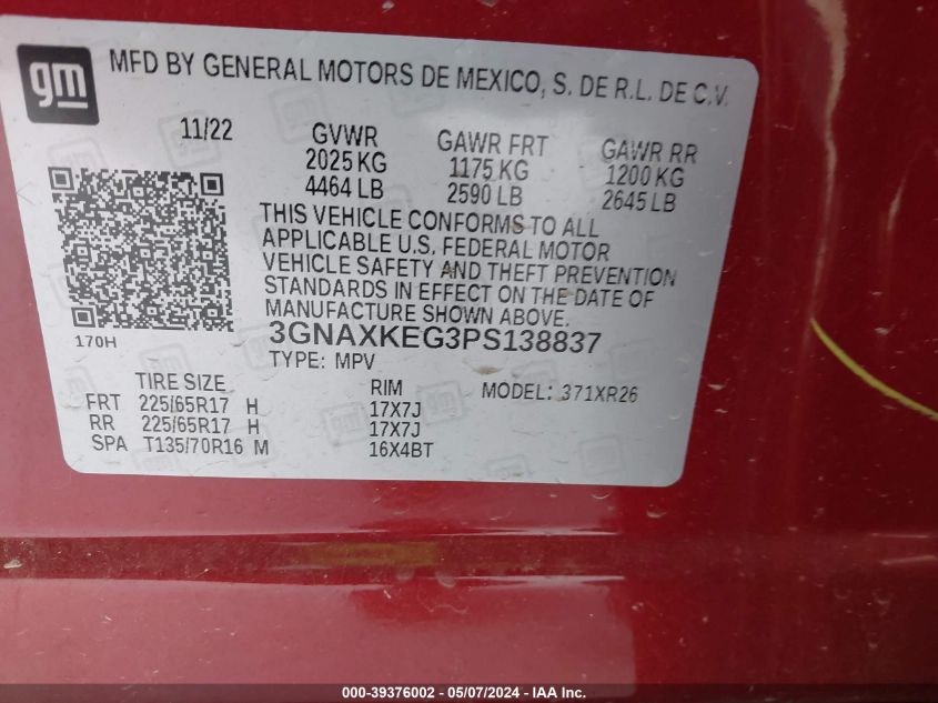 2023 Chevrolet Equinox Fwd Lt VIN: 3GNAXKEG3PS138837 Lot: 39376002