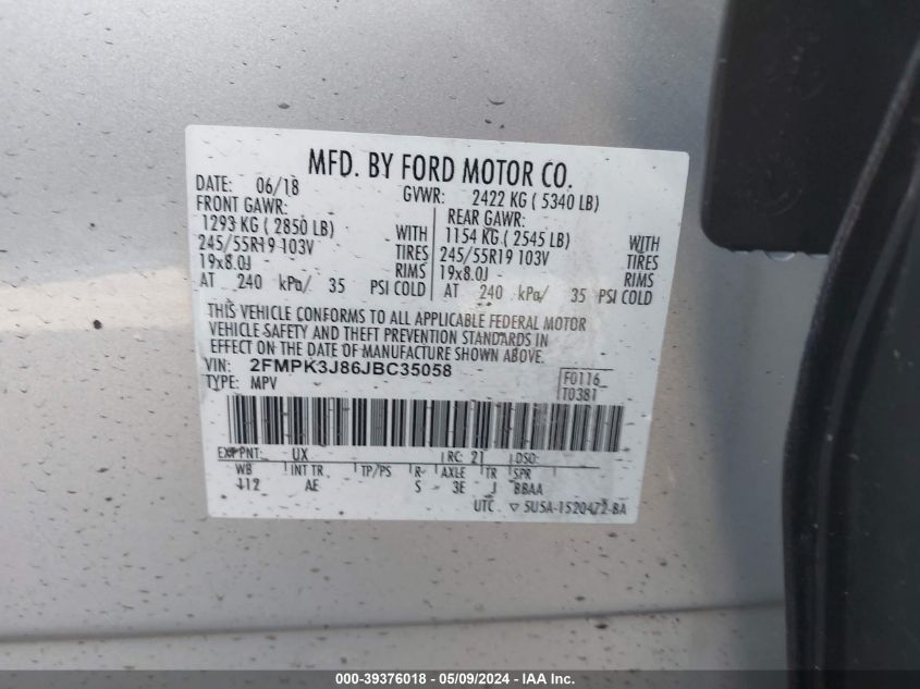 2018 Ford Edge Sel VIN: 2FMPK3J86JBC35058 Lot: 39376018