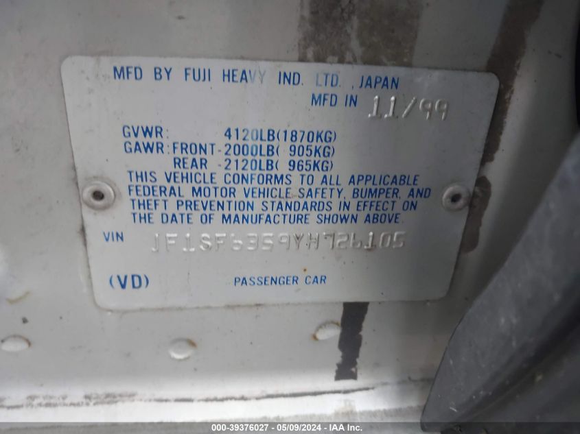 2000 Subaru Forester L VIN: JF1SF6359YH726105 Lot: 39376027