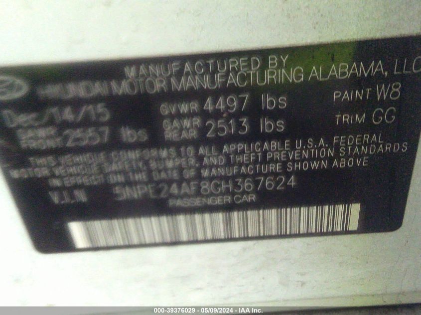 2016 Hyundai Sonata Se VIN: 5NPE24AF8GH367624 Lot: 39376029