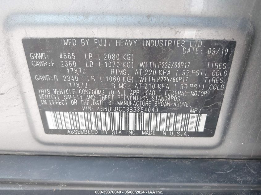 2011 Subaru Outback 2.5I Premium VIN: 4S4BRBCC3B3354043 Lot: 39376040