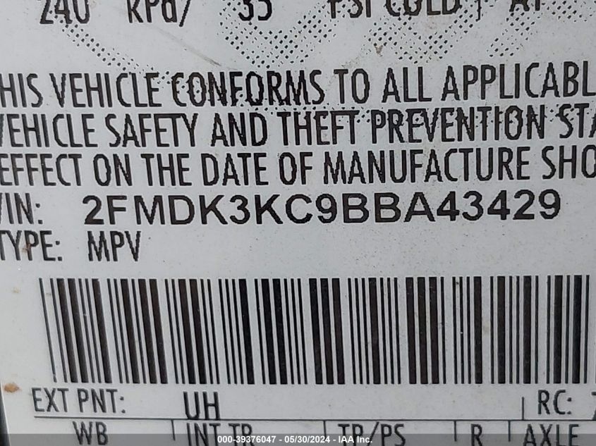 2011 Ford Edge Limited VIN: 2FMDK3KC9BBA43429 Lot: 39376047