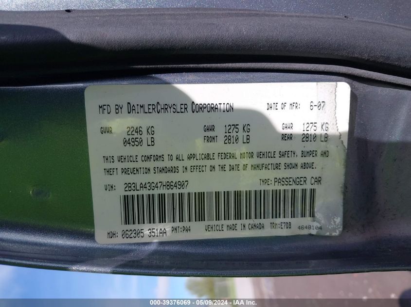 2007 Dodge Charger VIN: 2B3A43G47H864907 Lot: 39376069