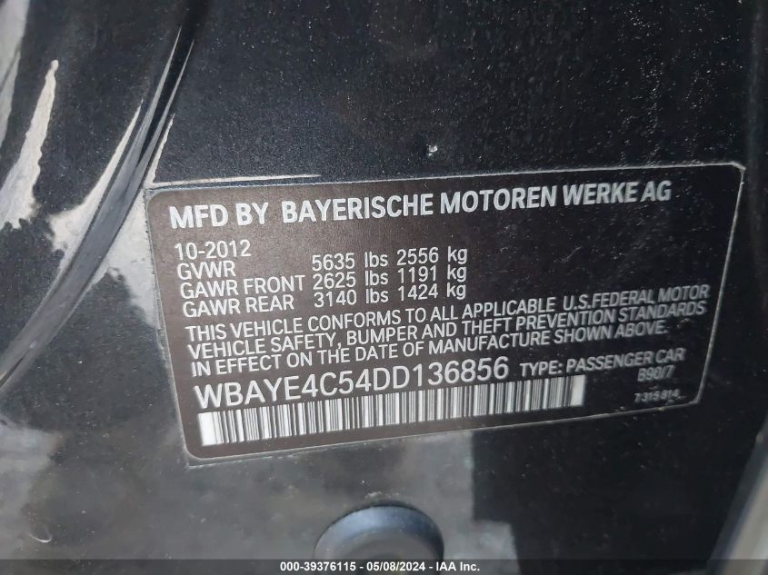 2013 BMW 740Li VIN: WBAYE4C54DD136856 Lot: 39376115