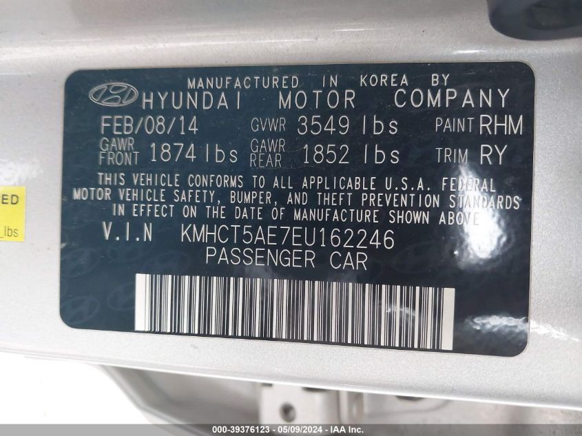 2014 Hyundai Accent Gs VIN: KMHCT5AE7EU162246 Lot: 39376123