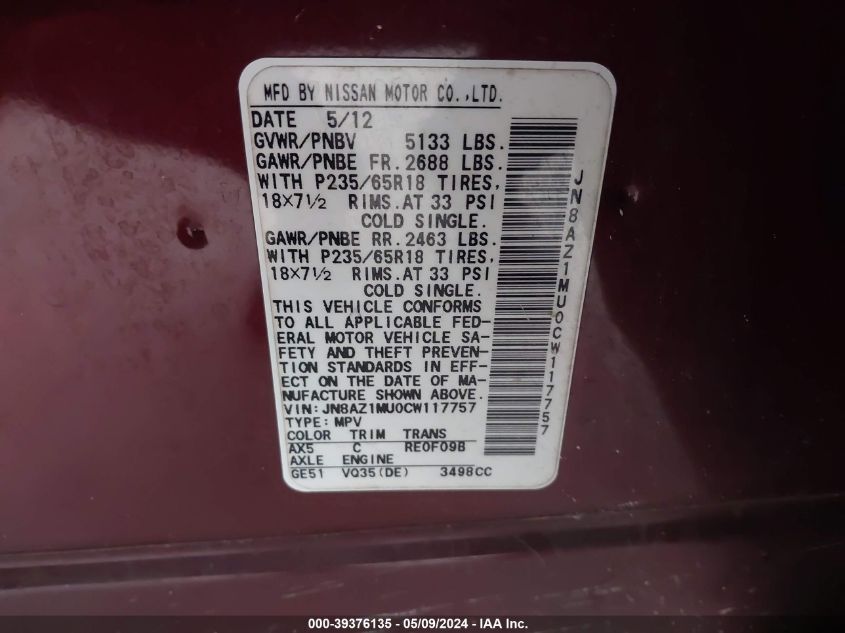 2012 Nissan Murano Sl VIN: JN8AZ1MU0CW117757 Lot: 39376135