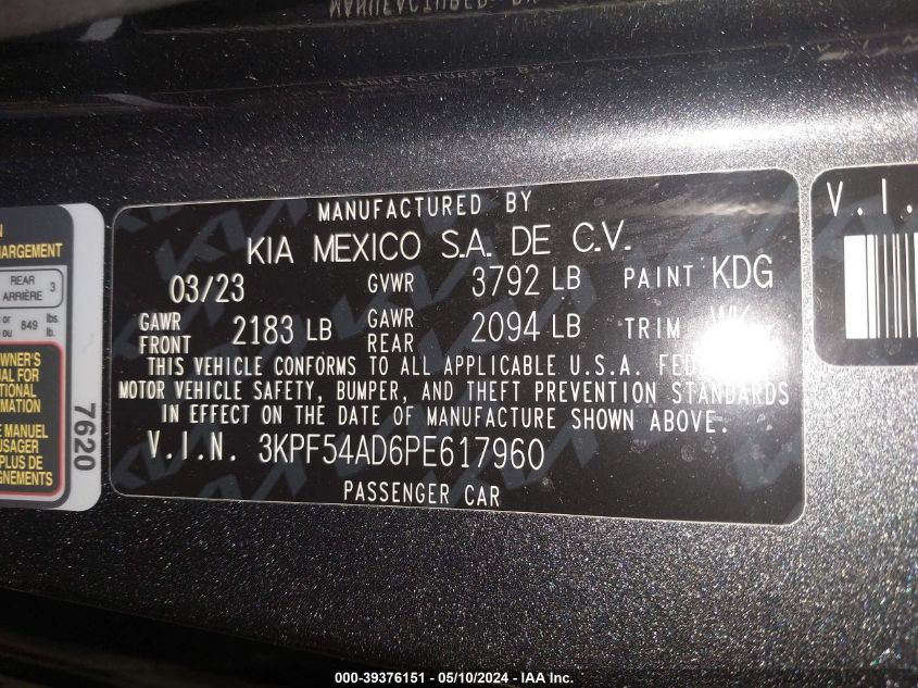 2023 Kia Forte Gt-Line VIN: 3KPF54AD6PE617960 Lot: 39376151