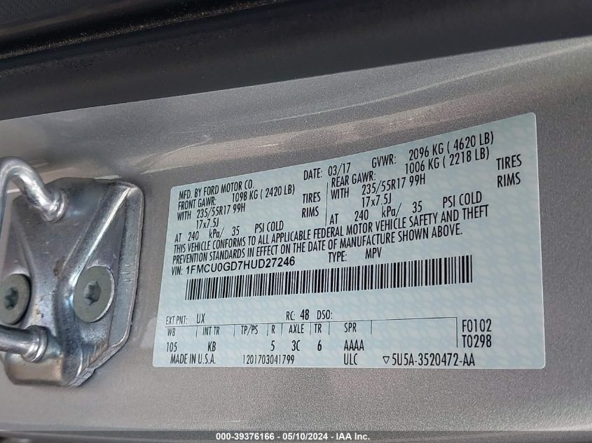 2017 Ford Escape Se VIN: 1FMCU0GD7HUD27246 Lot: 39376166