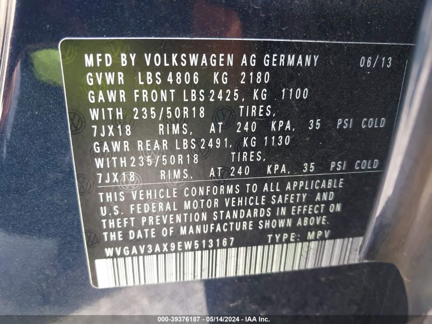 2014 Volkswagen Tiguan Sel VIN: WVGAV3AX9EW513167 Lot: 39376187