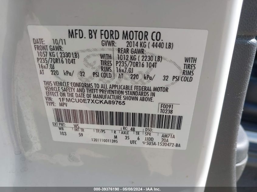 1FMCU0E7XCKA89765 2012 Ford Escape Limited