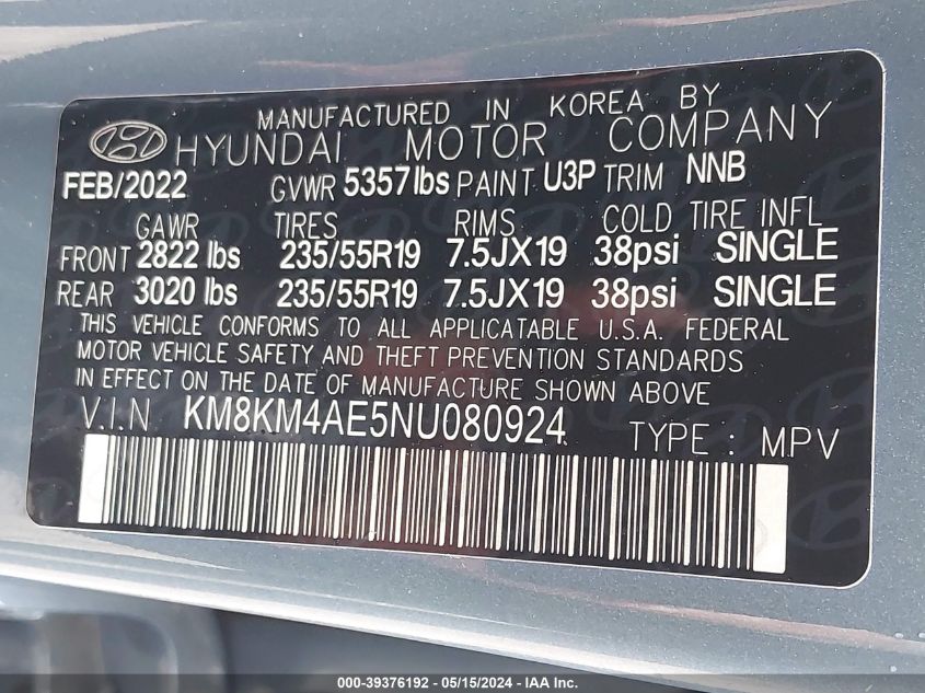 2022 Hyundai Ioniq 5 Se VIN: KM8KM4AE5NU080924 Lot: 39376192