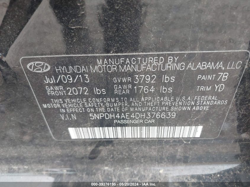 2013 Hyundai Elantra Gls VIN: 5NPDH4AE4DH376639 Lot: 39376195