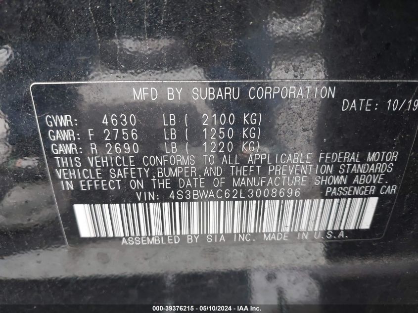 2020 Subaru Legacy Premium VIN: 4S3BWAC62L3008696 Lot: 39376215