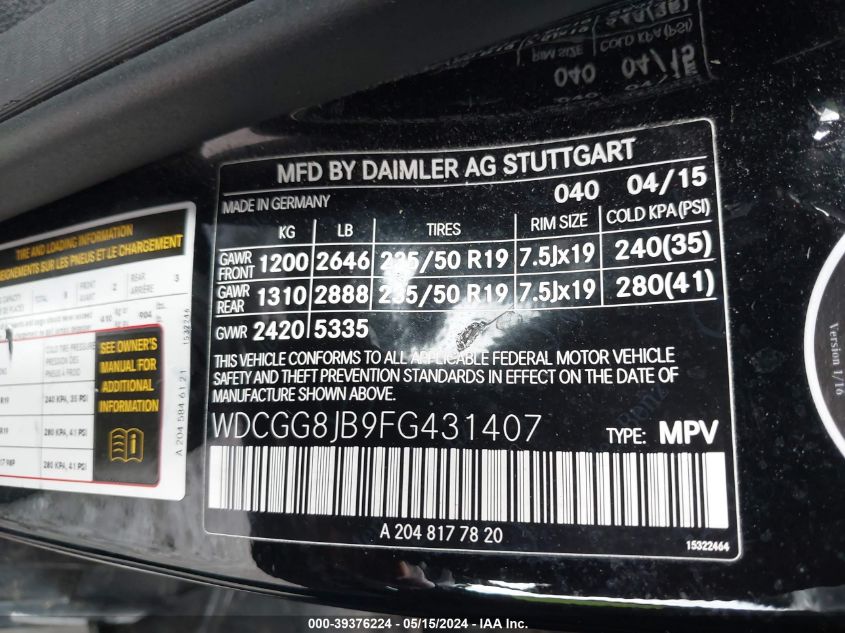 WDCGG8JB9FG431407 2015 Mercedes-Benz Glk 350 4Matic